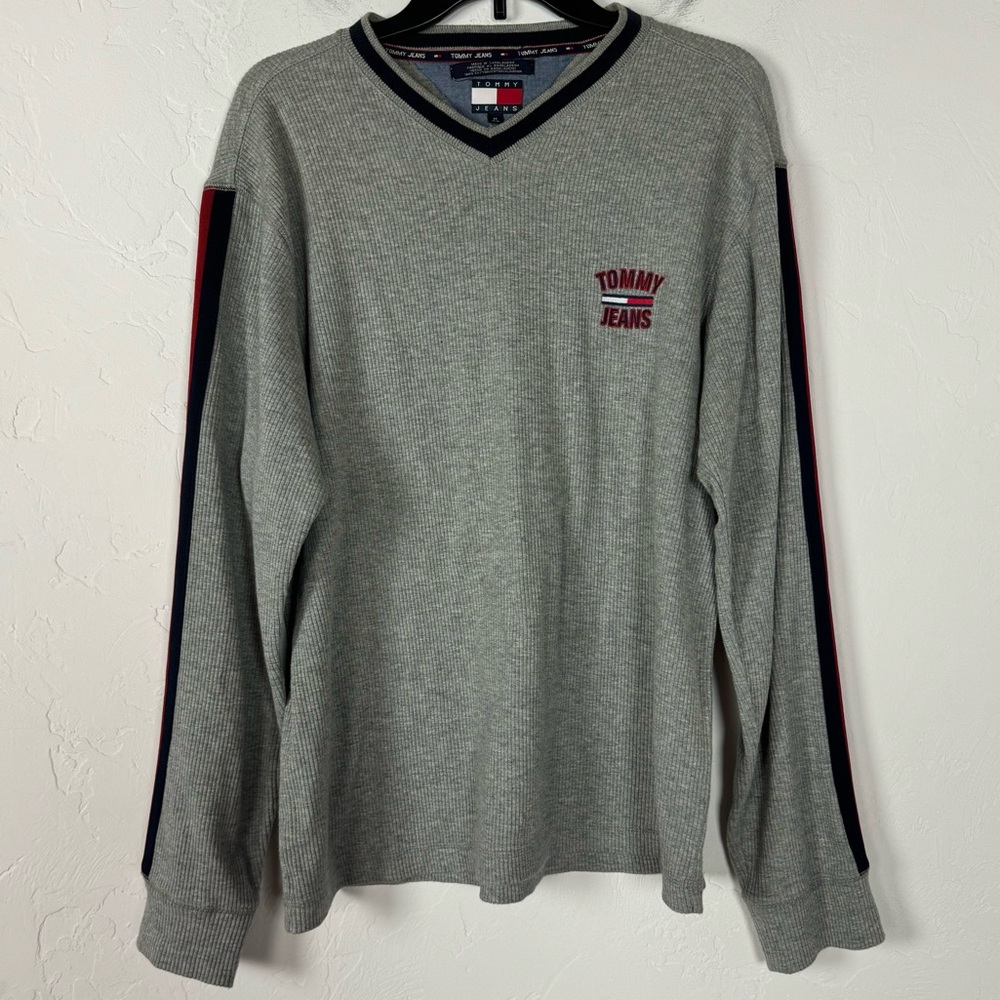 VTG 90s Tommy Hilfiger‎ Jeans Sweater Pullover Sweatshirt Knit Top Ribbed V Neck